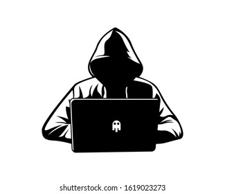 Data security and protection. Mysterious and anonymous hacker man in hoodie jacket looking at a laptop - Black and white vector line art illustration icon.