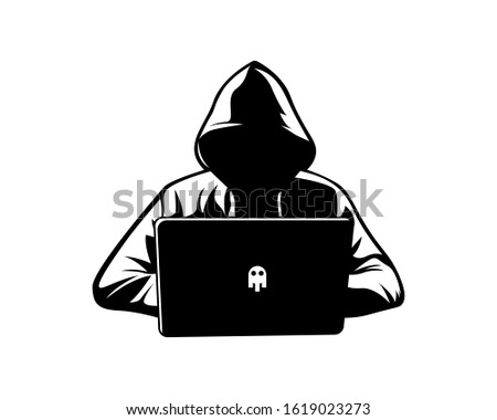 Data security and protection. Mysterious and anonymous hacker man in hoodie jacket looking at a laptop - Black and white vector line art illustration icon.