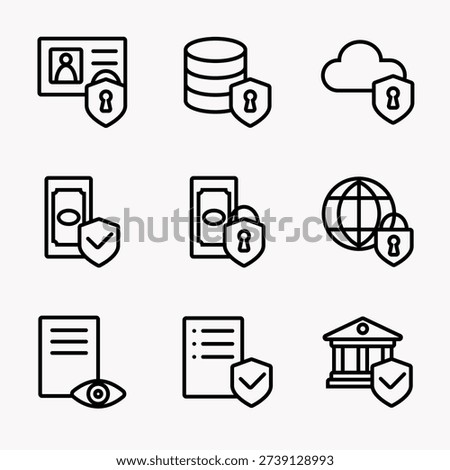 Data security and regulatory compliance icon set for sanctions, fraud prevention and document protection in rounded outline editable vector black stroke style.
