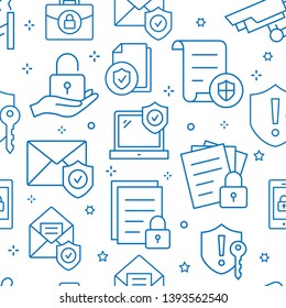 Data security seamless pattern with icons. Set of protection, shield, safety, access and more. Vector background.