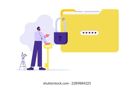 Data security or secret files concept. businessman holding a key an looking at a locked folder, nnlock folder secure data file document