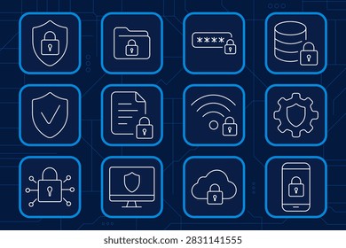 Data security set icon. Protected shield, secured directory, confidential passcode, encrypted database, trusted validation, safeguarded document, wireless defense, security management