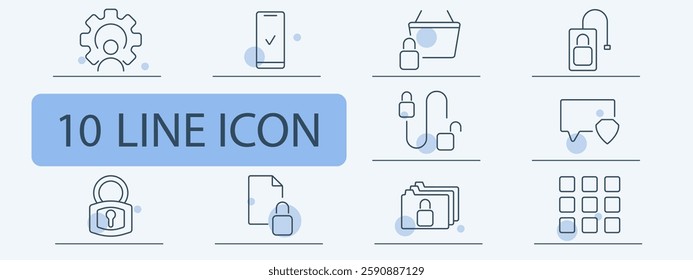 Data security set icon. User authentication, mobile verification, e-commerce security, smart key, encrypted document, protected files, secure shopping, communication privacy, locked system, settings.