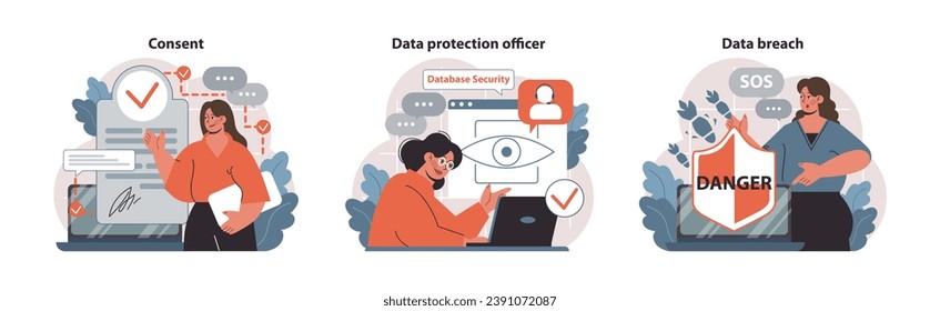 Data Security set. Professionals navigating digital safety. Consent procedures, proactive database oversight, and urgent data breach response. Real-time protection and risk management. Flat vector