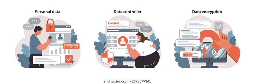 Data Security set. User securing personal details, administrator monitors data, and encryption process ensures privacy. Safeguarding online identity, managing access, encrypted protection. Flat vector