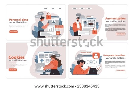 Data Security set. Web users secure and protect their digital data. Personal information safety, cookies management, database shield and officer oversight. Secure browsing measures. Flat vector.