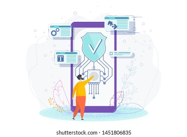 Data security. Shield on mobile phone screen. Tiny man puts his hand to Biometric Fingerprint Access Control Terminal. Protection of data from hacking and theft. Trendy flat vector style illustration.