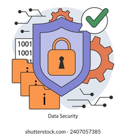 Seguridad de datos. Servidores blindados y archivos cifrados y acceso verificado. Garantizar la confidencialidad y la integridad en la gestión de la información. Ilustración vectorial plana.