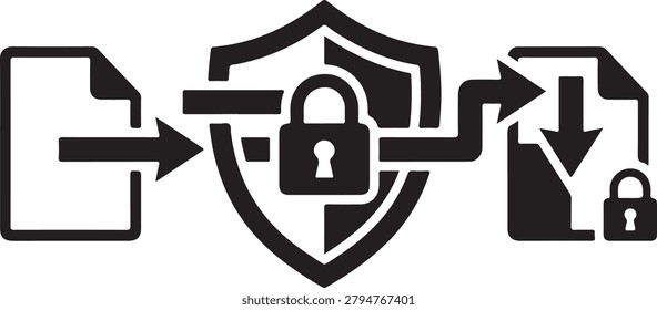 Data security showing document transfer through a shield with padlock to a locked file on a white background, for digital protection