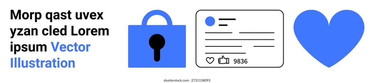 Data security, social networks, online privacy, content engagement, information protection, cybersecurity. Blue lock icon, text post layout heart shape. Data security and social networks