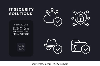 Data security solutions white linear desktop icons on black. Cloud computing provider. Pixel perfect 128x128, outline 4px. Isolated interface symbols pack for dark mode. Editable stroke