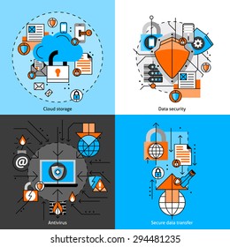 Data security and storage line icons set with cloud antivirus and transfer flat isolated  vector illustration 