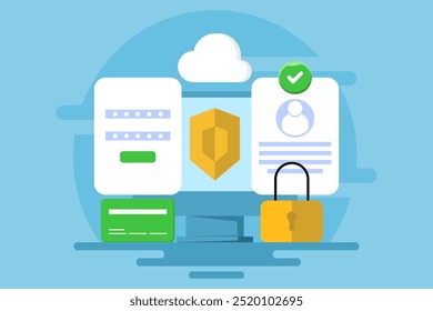 Data security system concept, Protecting data from cyber attacks, hacking, data breaches, Account access is protected with multi-layered security software, background vector illustration with icons.