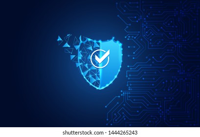 Data security system, information or network protection. Cyber security and data protection. Shield icon, future technology for verification. Abstract circuit board.