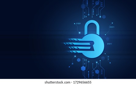 Data security system, information or network protection. Cyber security and data protection. Padlock icon, future technology for verification. Abstract circuit board on the blue background. 
