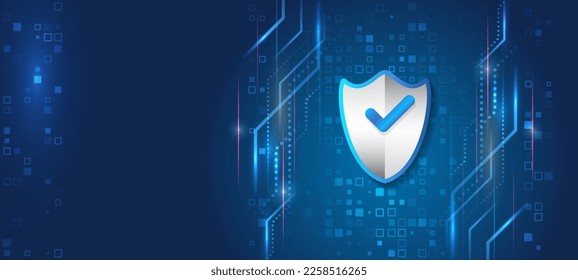 Data security system, information, or network protection. Cyber security and data protection. Shield icon, future technology for verification. Abstract high tech background. 