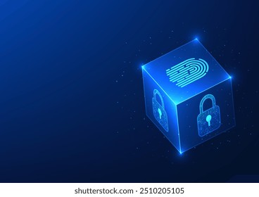 La caja del cubo de Tecnología de seguridad de datos con escáner de bloqueo y huellas dactilares transmite la idea de que el acceso a datos confidenciales con seguridad avanzada requiere Identificación para confirmar el acceso.