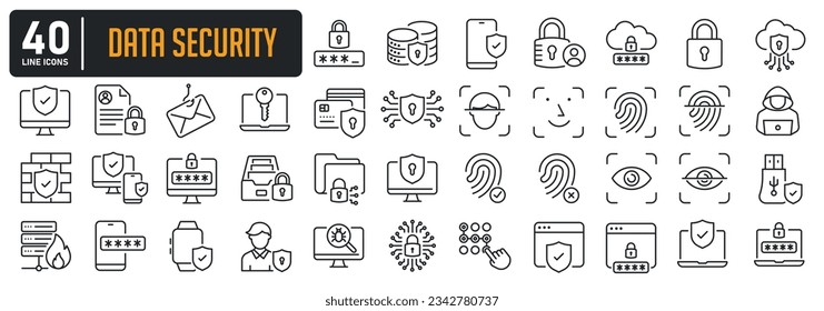 Iconos de línea delgada de seguridad de datos. Para diseño de marketing de sitios web, logotipo, aplicación, plantilla, ui, etc. Ilustración vectorial.