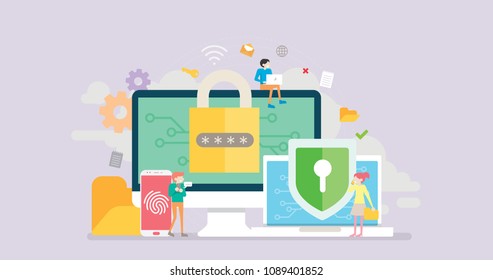 Data Security Tiny People Character Concept Vector Illustration, Suitable For Wallpaper, Banner, Background, Card, Book Illustration, Web Landing Page, and Other Related Creative