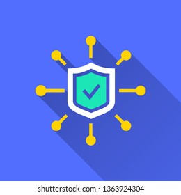 Data security vector icon with long shadow. Simple illustration isolated on blue background for graphic and web design.