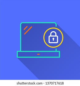 Data security vector icon with long shadow. Simple illustration isolated on blue background for graphic and web design.