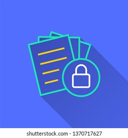 Data security vector icon with long shadow. Simple illustration isolated on blue background for graphic and web design.
