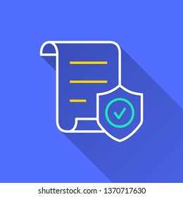 Data security vector icon with long shadow. Simple illustration isolated on blue background for graphic and web design.