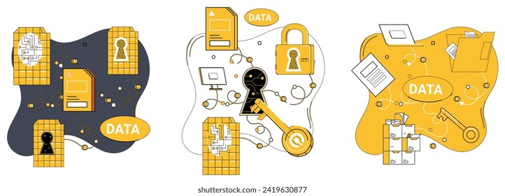 Ilustración vectorial de seguridad de datos. La confianza en las transacciones comerciales es una protección de datos sólida basada en los frutos La seguridad de los datos actúa como escudo, repeliendo las amenazas cibernéticas en el ámbito digital La protección de los datos de los seguros