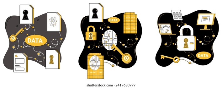 Data security vector illustration. Trust flourishes when data protection is guiding principle in business Data security acts as insurance policy for privacy information In world technology data