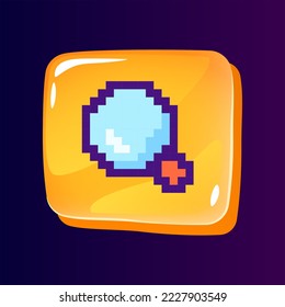 Data seeking glossy ui button with pixelated color icon. Tool for online searching. Editable 8bit graphic element on shiny glass rectangle shape. Isolated image for arcade, video game design