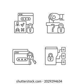 Data sensitivity linear icons set. Security technique. Political affiliation. Password management. Customizable thin line contour symbols. Isolated vector outline illustrations. Editable stroke