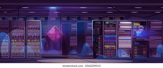 Data server center and cloud storage room interior. Computer network system and hardware equipment for backup security solution. Floating cube in database office with secure information advertising