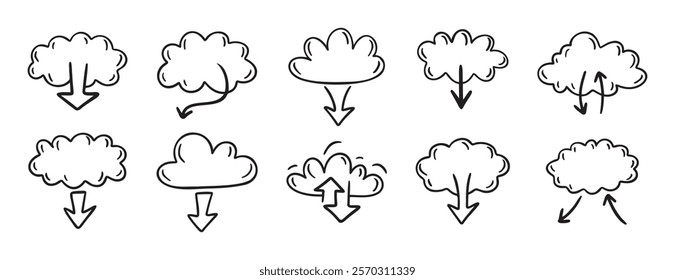 data server cloud with arrow for internet database, digital storage doodle hand drawn icon set. Outline drawing data server cloud line clipart symbol collection. Vector illustration