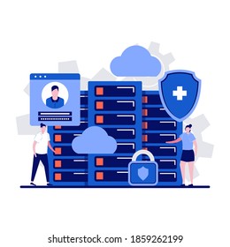 Data server concept with character. Computer information storage, hardware equipment. Datacenter, database, Internet hosting. Modern flat illustration for landing page, infographics, hero images.