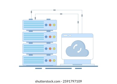Data Server Concept . Laptop with Data Server. Cloud computing. Data storage protection, computing science disk services, connection innovation. Vector Illustration Design on background.