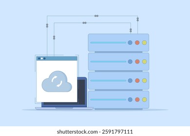 Data Server Concept . Laptop with Data Server. Cloud computing. Data storage protection, computing science disk services, connection innovation. Vector Illustration Design on background.