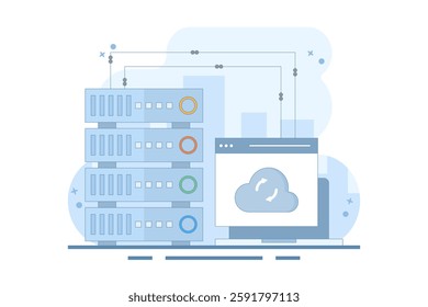 Data Server Concept . Laptop with Data Server. Cloud computing. Data storage protection, computing science disk services, connection innovation. Vector Illustration Design on background.