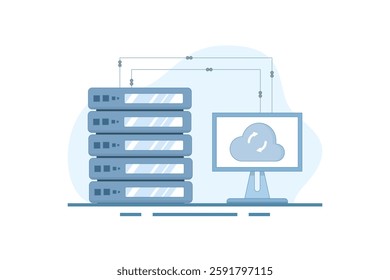 Data Server Concept . Laptop with Data Server. Cloud computing. Data storage protection, computing science disk services, connection innovation. Vector Illustration Design on background.