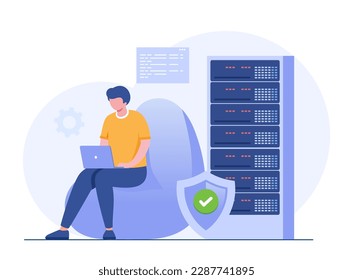 Data server concept. Storage technology, cloud system, database. Template of people scene. Vector illustration with character activities in flat design for website, folder, data center.
