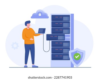 Data server concept. Storage technology, cloud system, database. Template of people scene. Vector illustration with character activities in flat design for website, folder, data center.