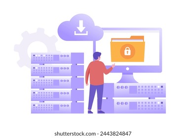Data server concept. Storage technology, cloud system, database. Template of people scene. Vector illustration with character activities in flat design for website, folder, data center.