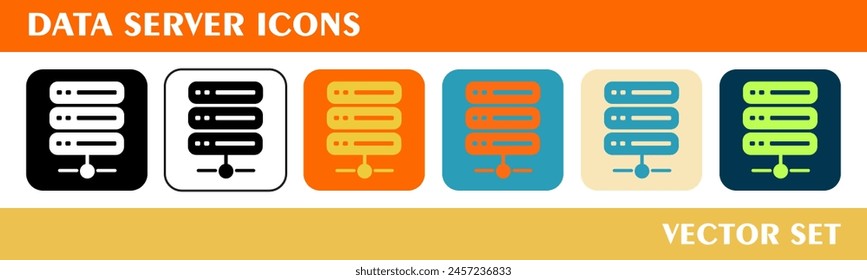 Data server icons set. 6 style icons with various colors. For sign, symbol, web design or web graphics. 