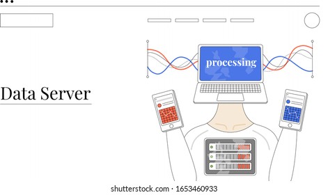 Data server illustration scene. Light outline drawing style. Isolated illustration for your design, infographic, landing page or app designing.