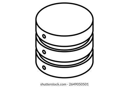Data server isometric line icon with stacked cylindrical shape representing database or storage, black and white, Vector Illustration