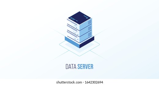 Data server isometric vector illustration. 3D datacenter or background. Computer storage, or farming workstation. Design flat vector illustration. Network telecommunication server