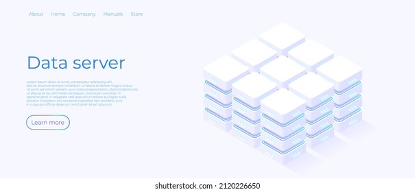 Data Server Isometric Vector Illustration. 3d Datacenter Or Data Center Room Background. Data Storage Concept