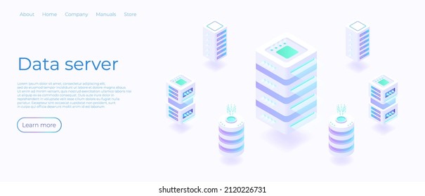 Data server isometric vector illustration. 3d datacenter or data center room background. Data storage concept