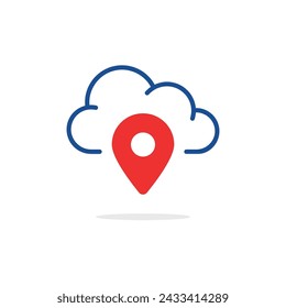 data server location like linear cloud with pinpoint. flat trend modern logotype graphic stroke design web element isolated on white. concept of info content share badge or global database pictogram