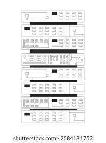 Data server rack with panels and buttons black and white 2D line object. Computing equipment. Digital technology. Storage device isolated clip art vector outline item. Monochromatic spot illustration