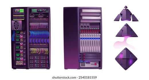 Estante del servidor de datos para el icono del Vector del centro de almacenamiento. Red de tecnología de la nube y equipo de hardware de computadora para el conjunto de infraestructura aislada de la sala de servicio de base de datos. Elemento de granja seguro digital con cubo